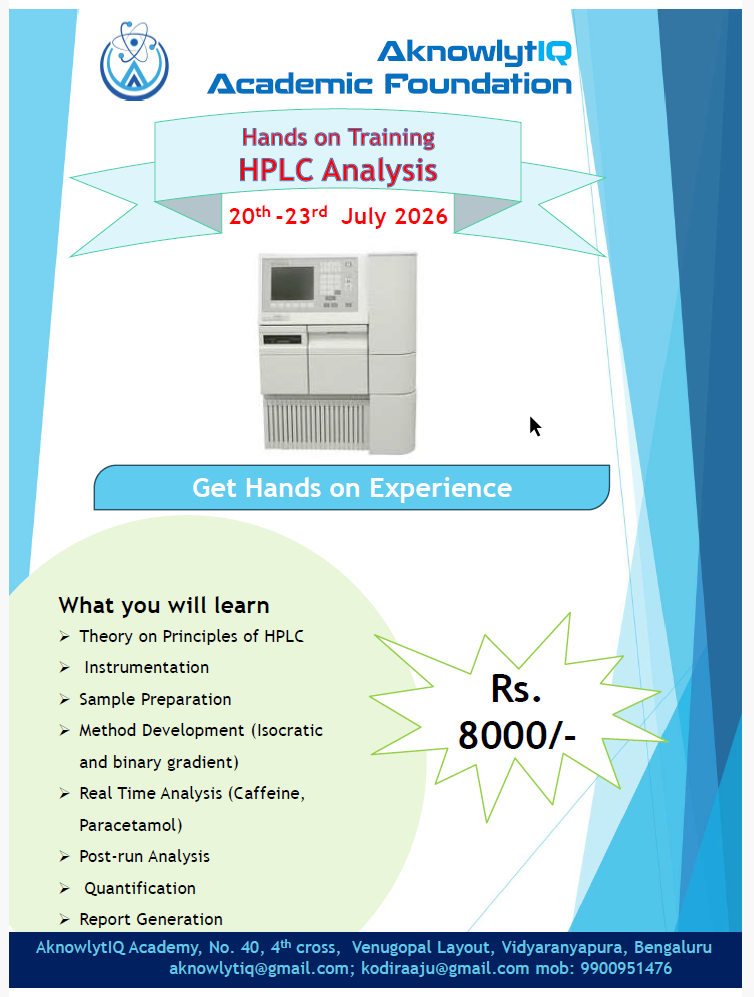 Four-Day Hands-on Training on HPLC – July 20-23, 2026 at AknowlytIQ Academy, Bengaluru