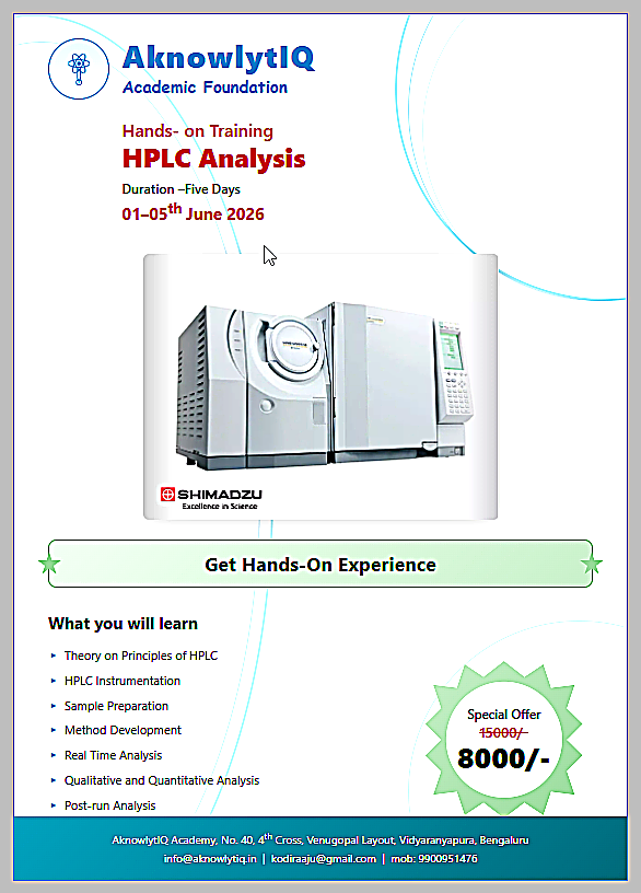 Five-Day Hands-on Training on HPLC – June 1-5, 2026 at AknowlytIQ Academy, Bengaluru